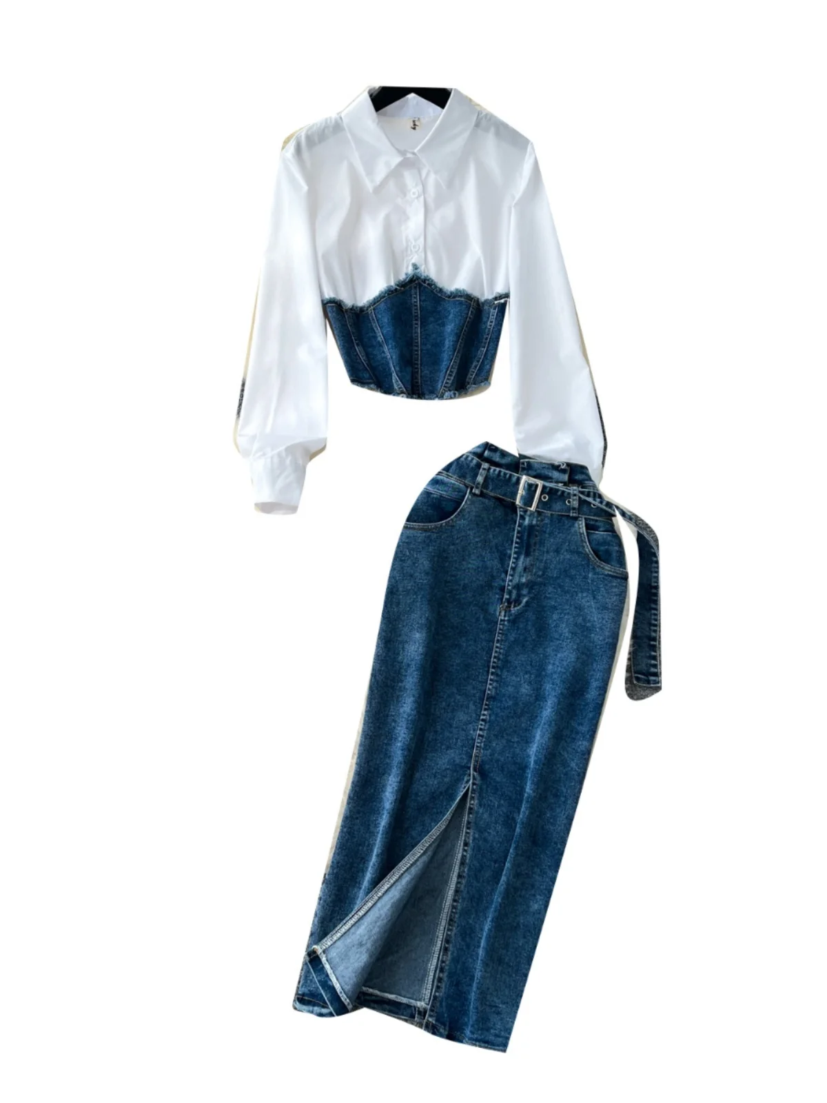 

Korean Sle Long Sve Denim f Skirt Women's Faion Patchwork Two-Piece Set Waist Belt Inclusive Ele Ladylike