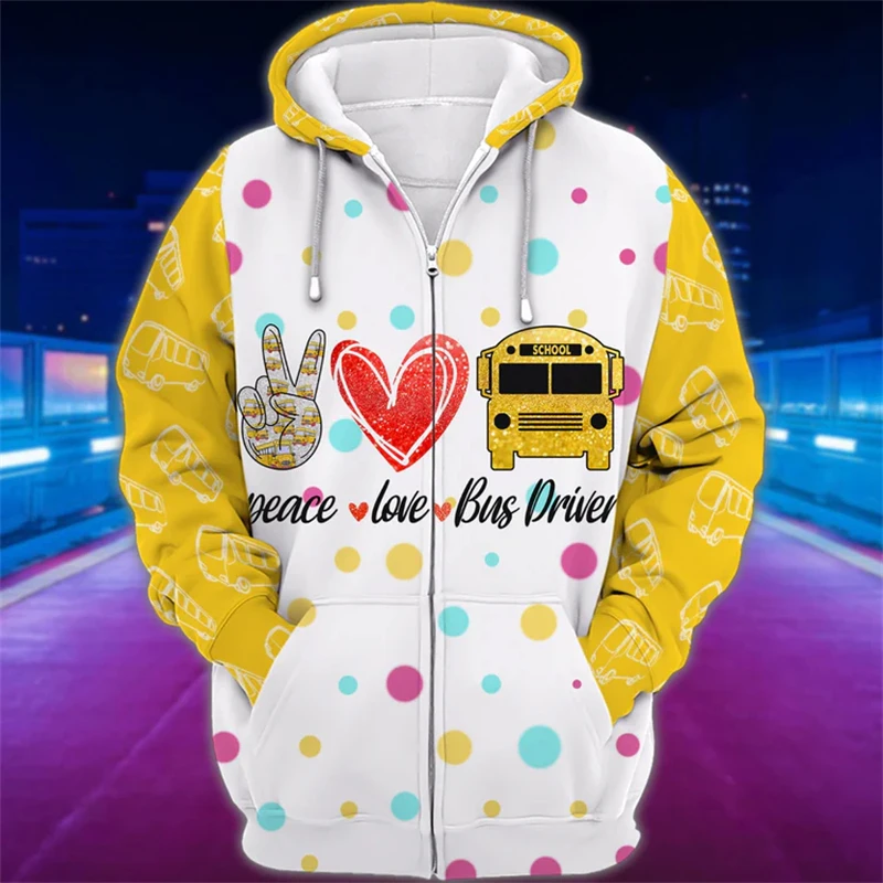 3D Men's Long Sleeve Zip Hoodie 2024 Autumn Street School Bus 3D Print Hoodie Daiyl Casual Oversized Loose Boys Kids Pullovers