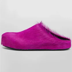 Italy Real Leather fur Slippers Women Mule Runway Flats Thick Sole Leisure Luxury Designer Brand 2024 Horsehair Shoes Ladies