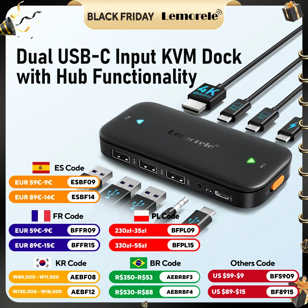 

Lemorele H200 USB-C KVM Switch USB HUB 4k@60Hz Dual HDMI to HDMI 100W PD plug and play 2-port KVM switcher for PC Laptop