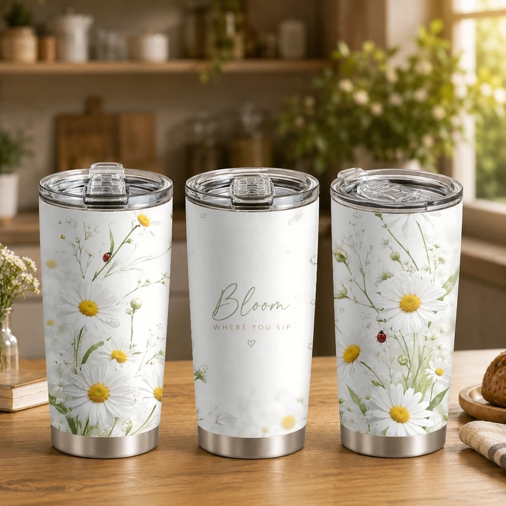 Daisy Bloom 20oz Vacuum Flask, Double Wall Insulated Tumbler with Lid and Straw for Hot Cold Drinks, Floral Gift