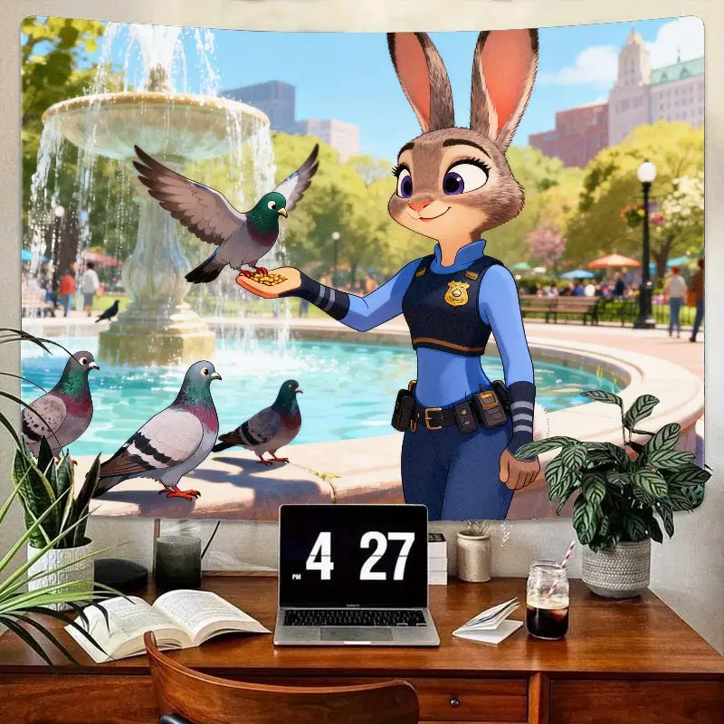 

1 шт., гобелен Disney Zootopia Judy Hopps, милый полицейский кролик, голуби, парковый фонтан, настенное искусство, декор для спальни, подарок