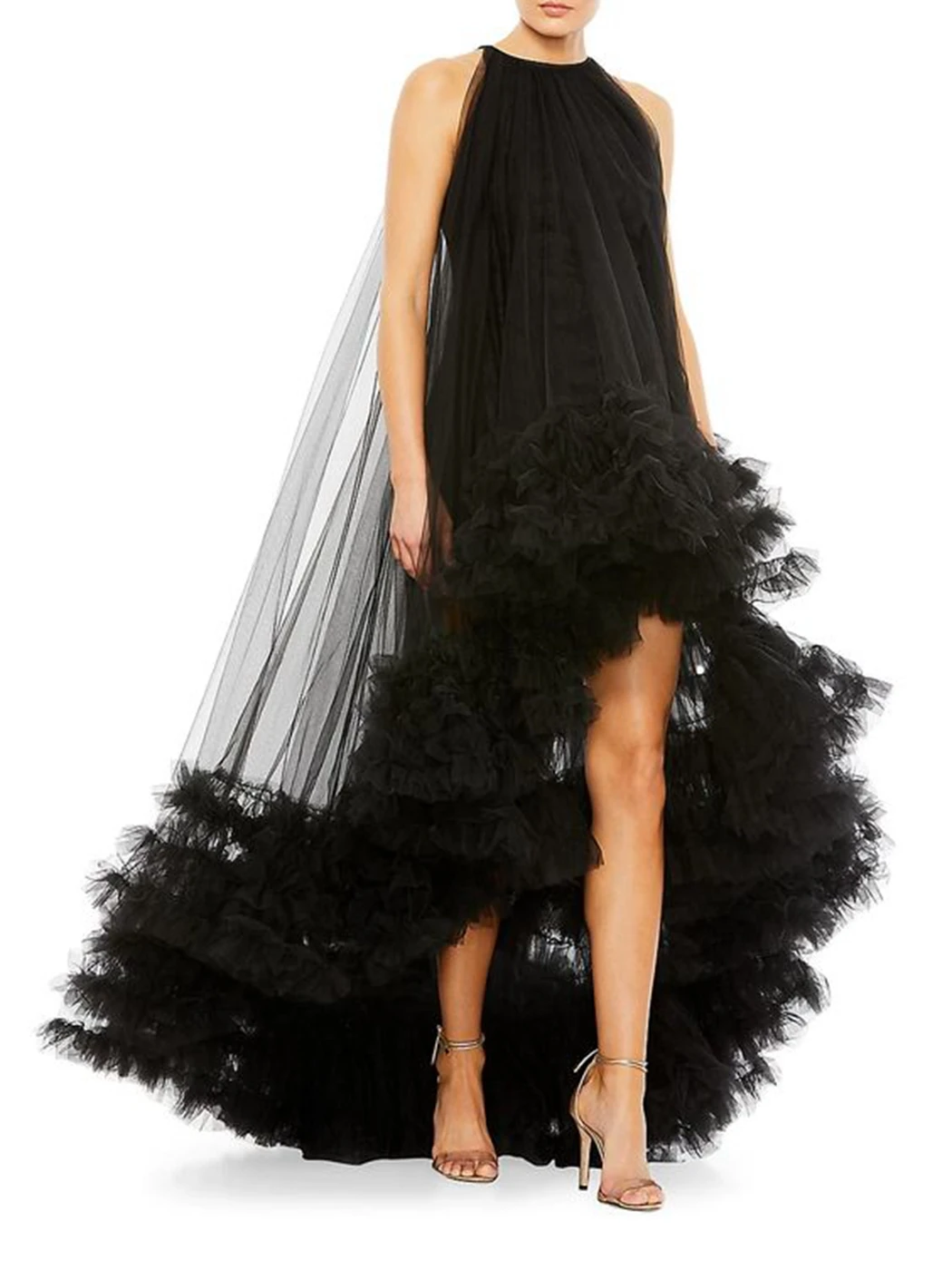 Modest High Low Long Tulle Women Dresses Tiered Ruched Tulle Bottom Free Size Black Long Maxi Gowns Female Maxi Dress Summer