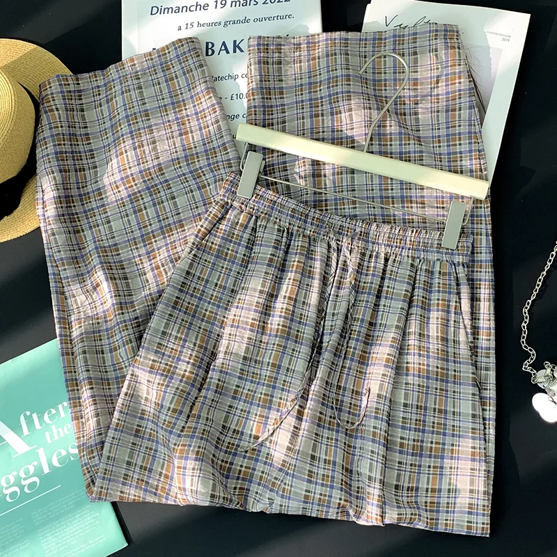 Women Plaid Wide Leg Pants Thin Straight Trousers Full Lenth Drawstring Waist Slight Strech Loose Office Lady Casual 2026 Spring
