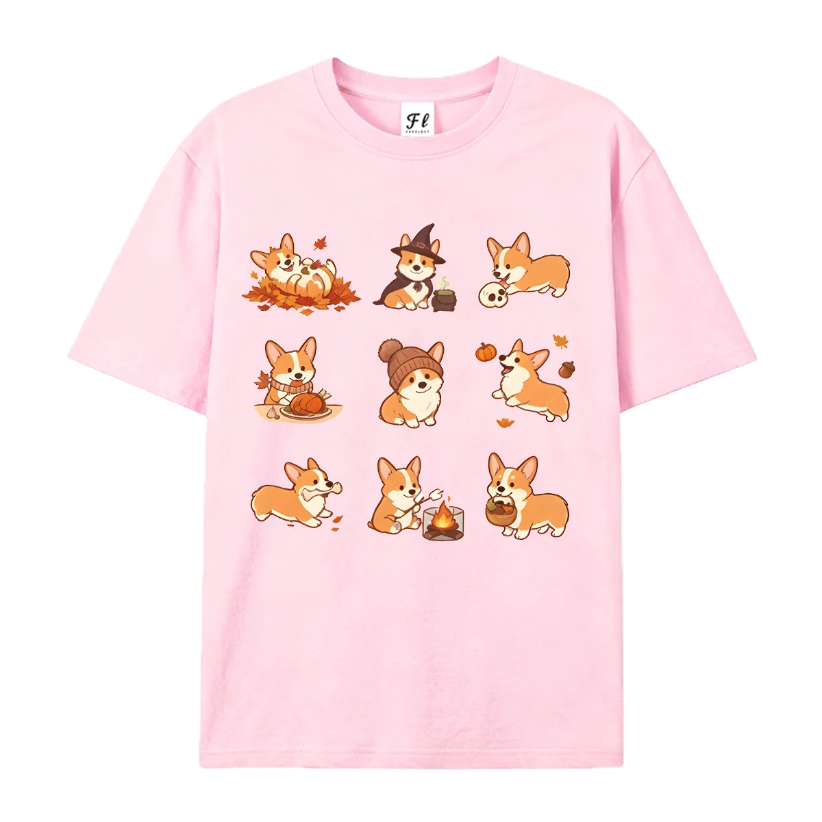 Corgi Dog Fall Autumn Collage Graphic T‑Shirt Cute 9 Grid Halloween Witch Hat Thanksgiving Turkey Pumpkin Maple Leaf Print Tees