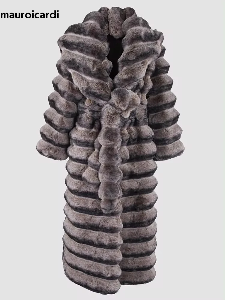 Mauroicardi Winter Maxi Colorful Thick Warm Striped Soft Faux Chinchilla Fur Coat Women Elegant Luxury Chic Furry Overcoat 2024