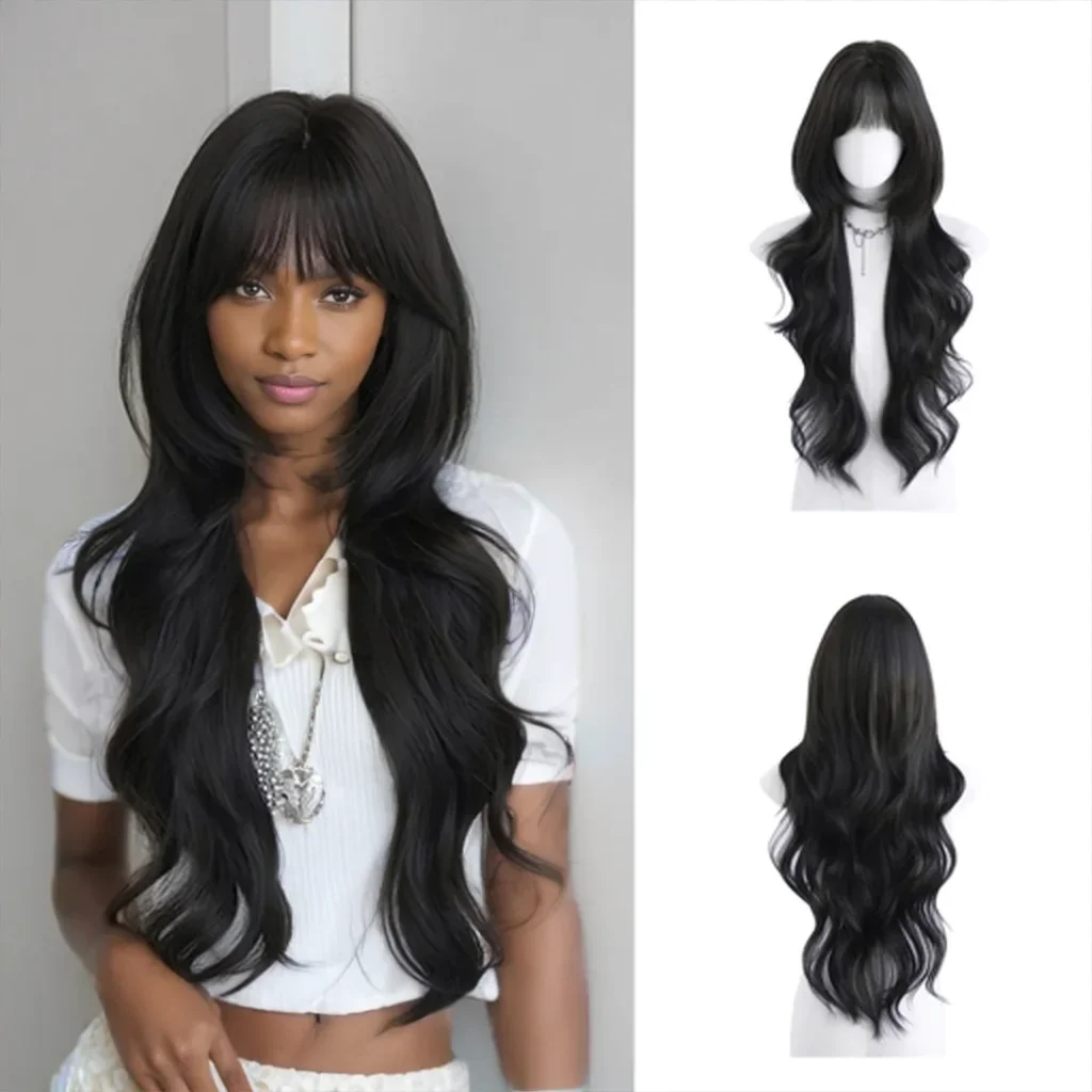 La frangia riccia lunga sintetica ondulata marrone-nero di alta qualità è adatta per le parrucche naturali soffici resistenti al calore per le feste quotidiane delle donne