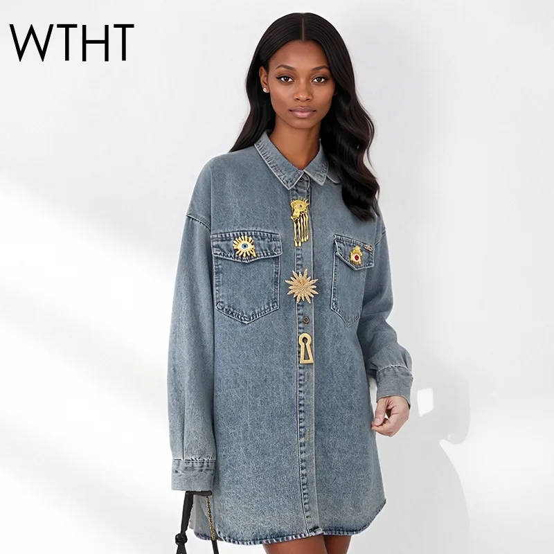 WTHT New Fashion Women's Design Metal Buckle Denim Shirt 2026 Spring Trendy Lapel Long Sleeves Loose Blouse Female 1LS2942
