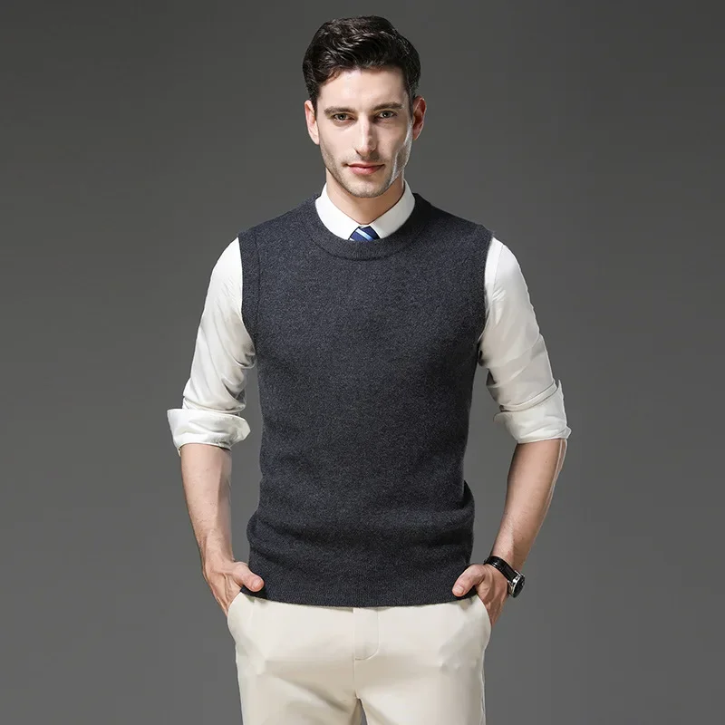 Men 2024 Autumn/Winter Thick Wool Vest Fashion Classic Solid Color Round Neck Sleeveless Knit Men Sweater