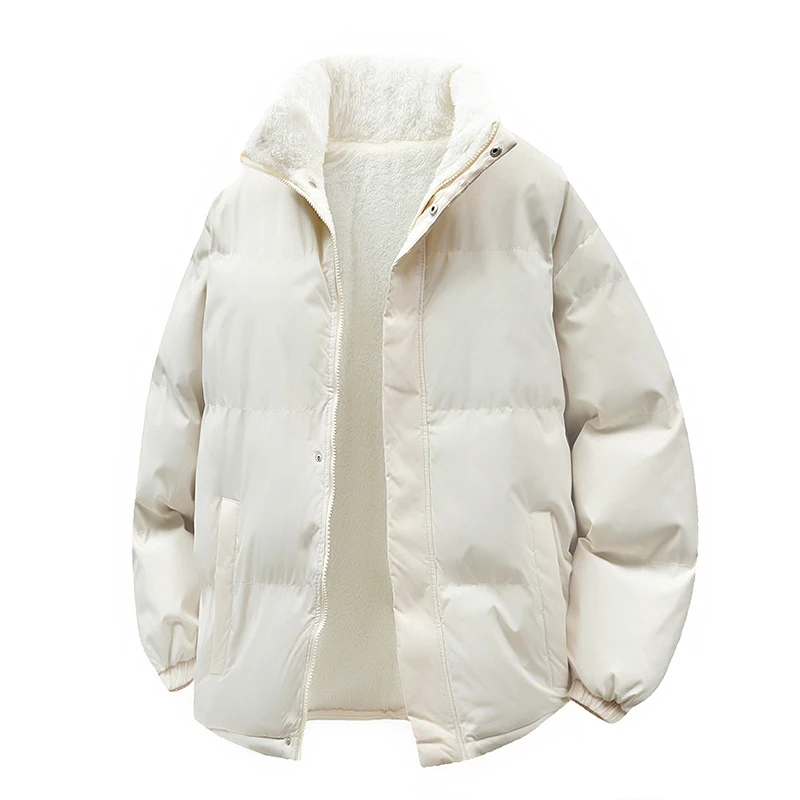 Men Winter Thick Fleece Lined Puffer Coat Stand Collar Zip‑Up Plush Inner Warm Padded Jacket Elastic Cuff Casual Cold‑Resistant