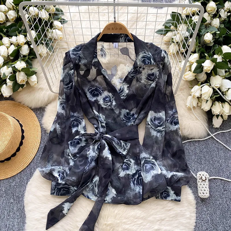 

French Design Cross V-Neck Tie Waist Long Sleeve Printed Shirt For Women, Thin Sheer Top, Light Luxury Blouse