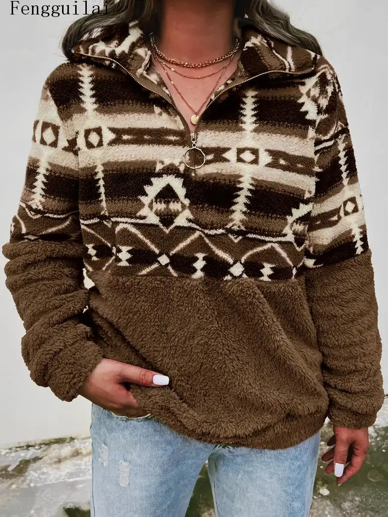 Ladies Western Ethnic Tribal Pattern Sherpa Fleece Top Half Zip Collar Color Block Patchwork Warm Winter Long Sleeve Pullover