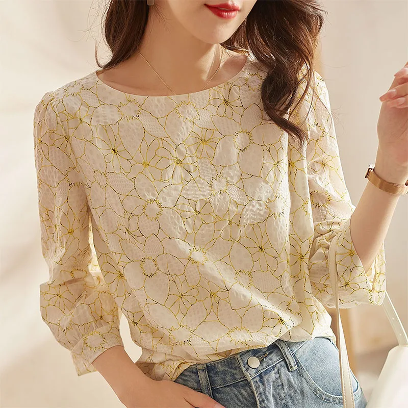 2024 Summer New Elegant Women Floral Print Shirt Round Neck Fashion Jacquard 3/4 Lantern Sleeve All-match Blouse Female Clothing