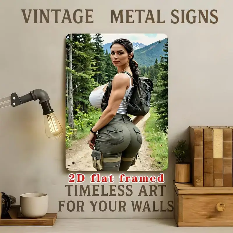2D Flat Framed Vintage Metal Sign, Timeless Art Hiking Woman Forest Mountain Design, Iron Wall Decor for Home, Retro Style Decor