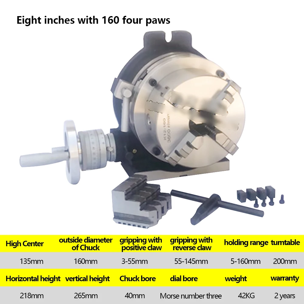 8-Inch indexing plate, rotating table, three-jaw/four-jaw chuck, milling machine indexing head, both vertical and horizontal