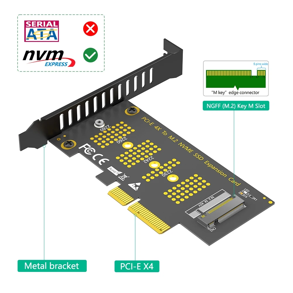 PCI-E 4.0 4X TO M.2 NGFF NVMe M-KEY SSD Adapter Support 2230, 2242, 2260 and 2280 ssd