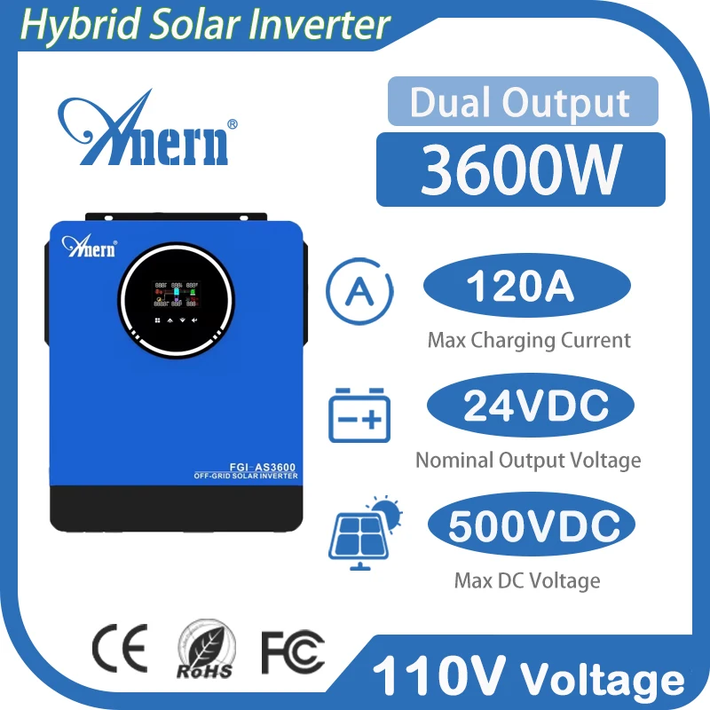 Anern 3600W 24V Pure Sine Wave Solar Inverter 110V AC Output with MPPT Controller for Home/RV/Off-Grid Solar System