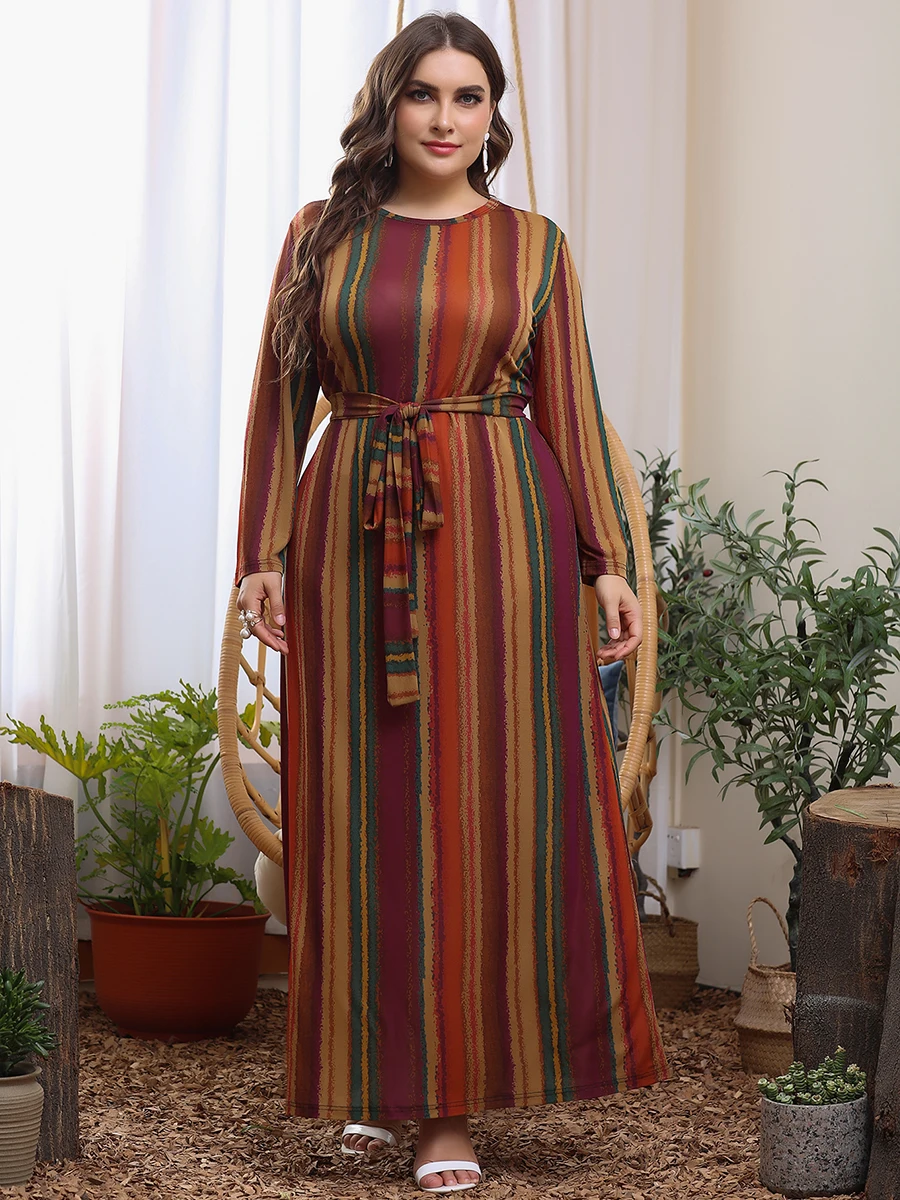 2024 Autumn Winter Long Sleeve Dress Woman Striped Print Loose Oversized Maxi Long Dress Plus Size Women Clothing