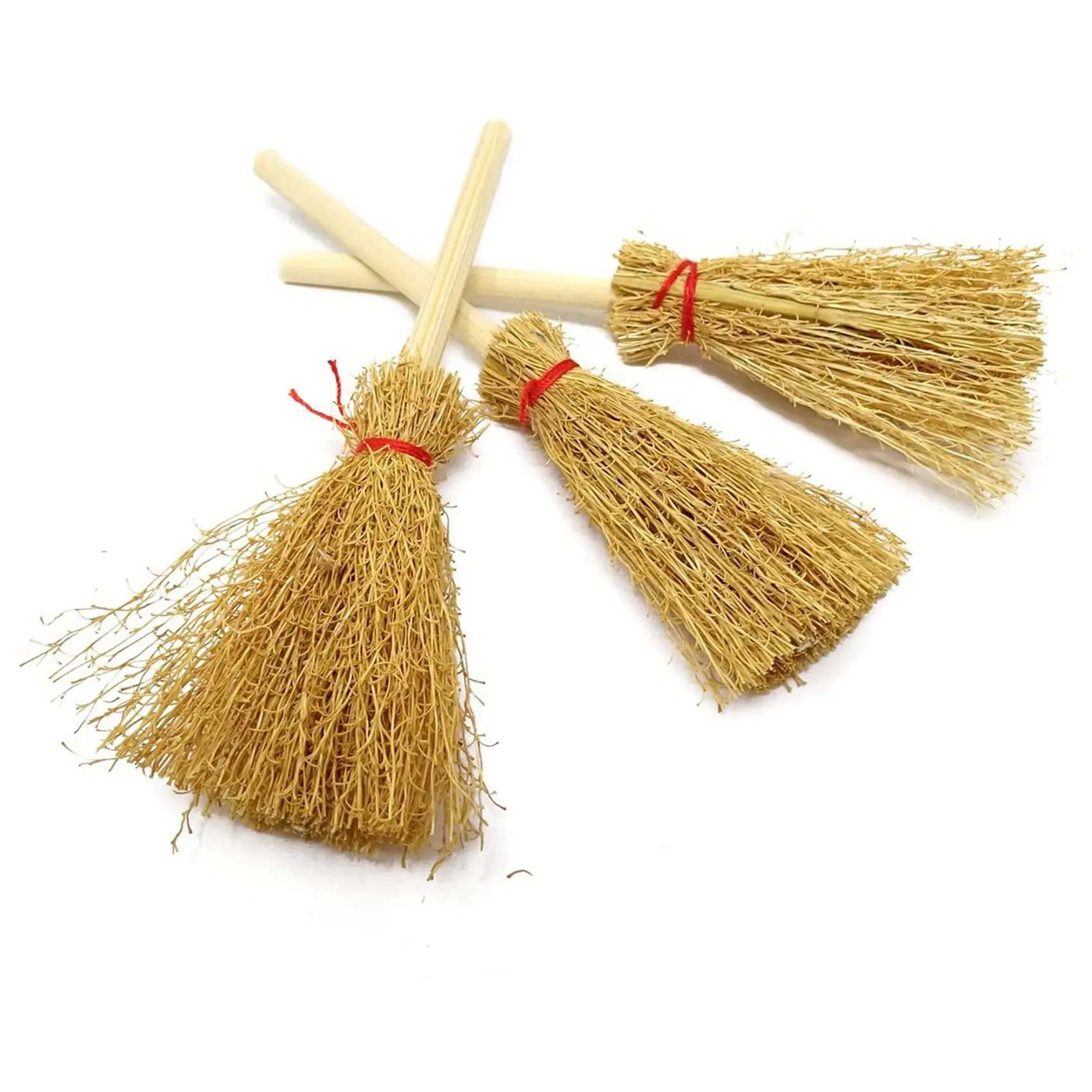 60Pcs Miniature Artificial Mini Straw Brooms with Red Ropes Halloween Straw Decoration Witches Decor Toy