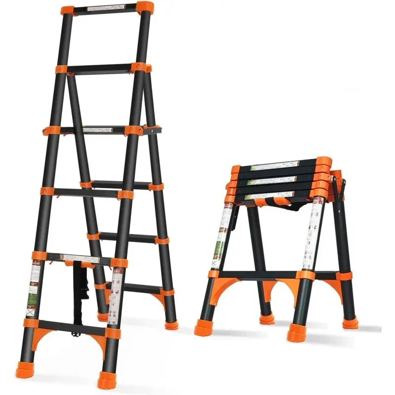 A-Frame Aluminum Telescopic Ladder with 1-Button Retraction, Portable Extension Ladder Adjustable Lightweight Folding Ladder