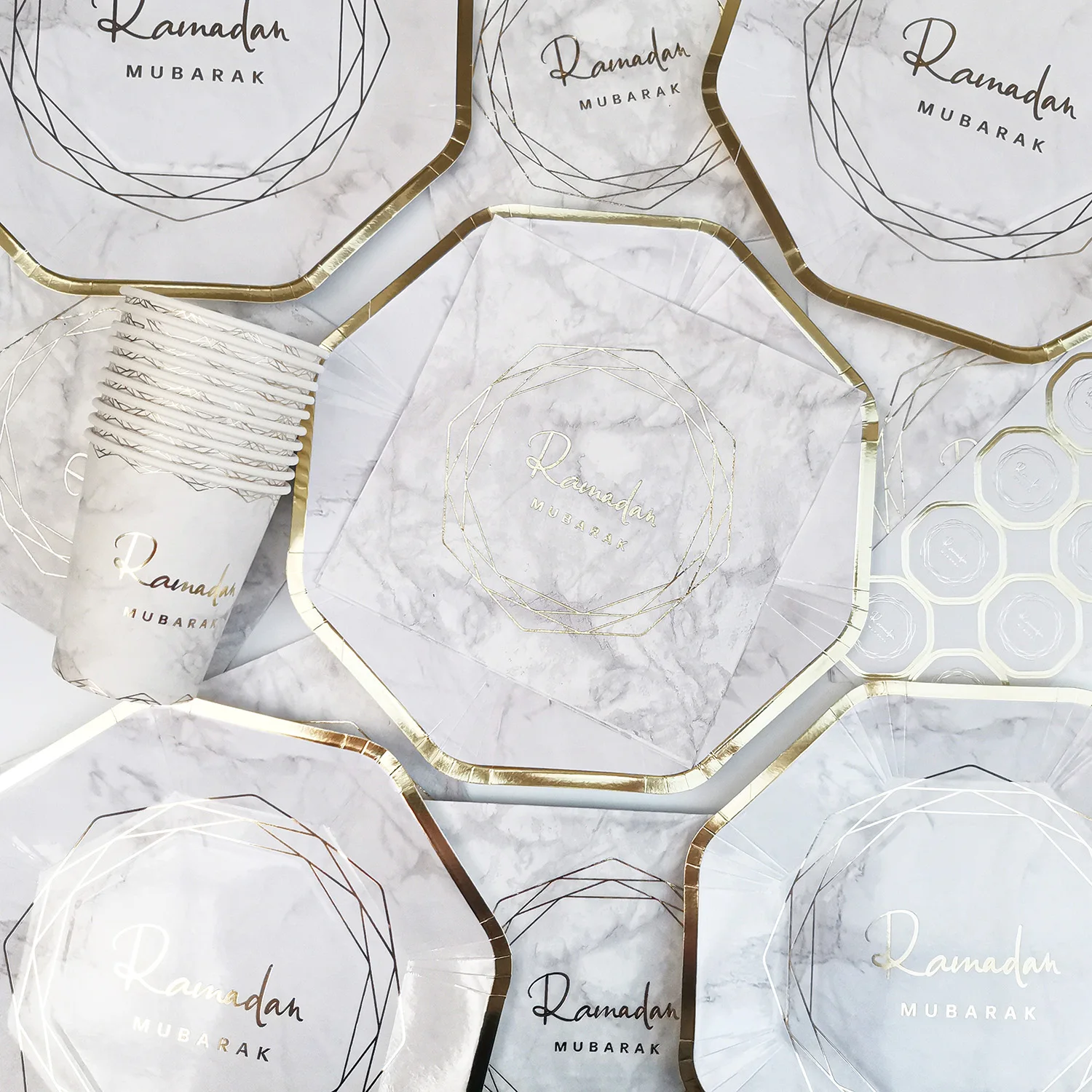 Gold Ramadan Mubarak Disposable Tableware Gilded Letter Paper Plate Cup Islamic Muslim Party Supplies 2024 EID Mubarak Decor