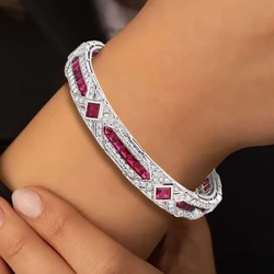 KQDANCE Luxury 925 Sterling Silver Created Pink sapphire Gemstone High Carbon Diamond Bangle Bracelet Jewelry Anniversary Gift