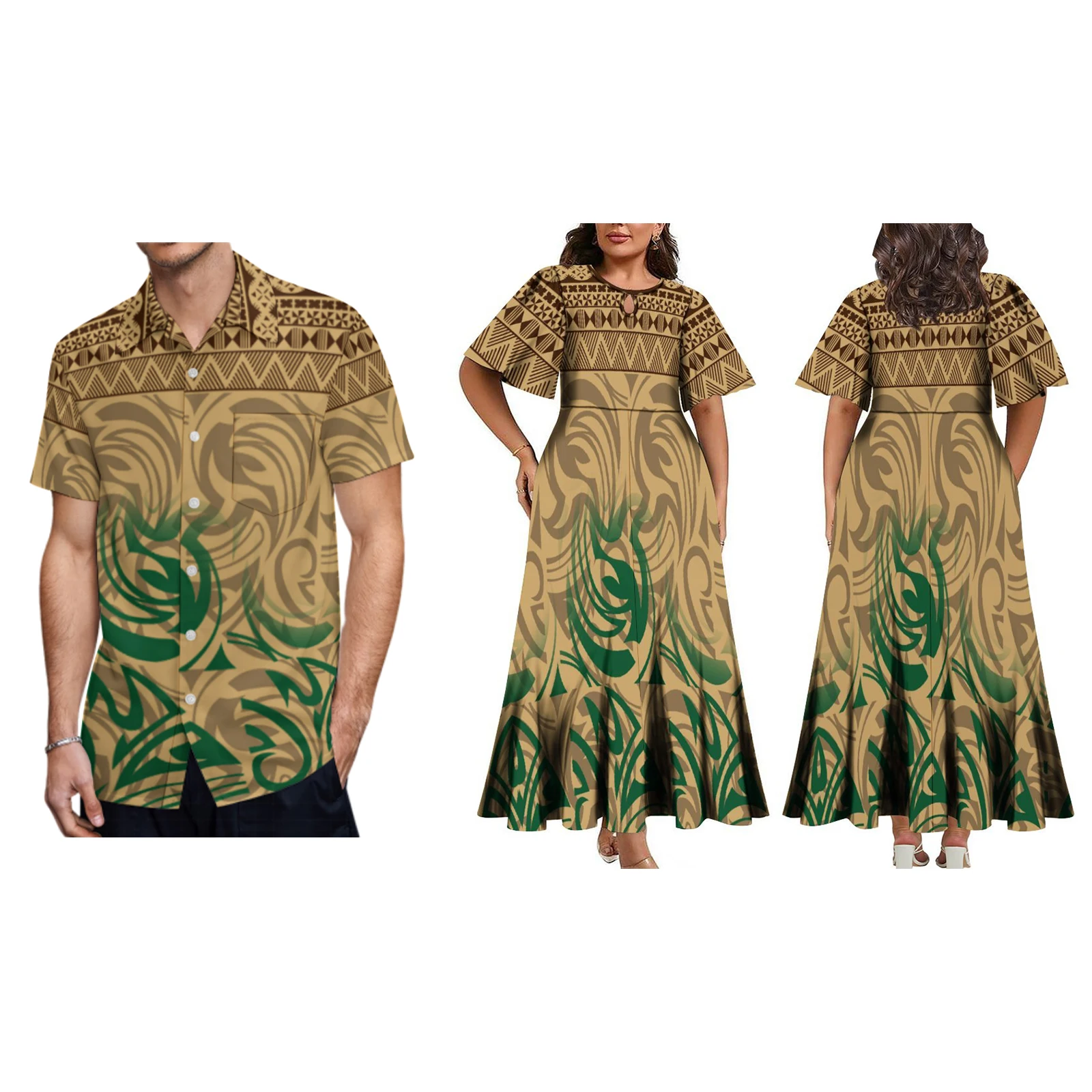 2024 Polynesian Style O-Neck Split Design Women'S Dress Pacific Islands Art Men'S Shirt 2024 New Wave Printed Couple'S Costume