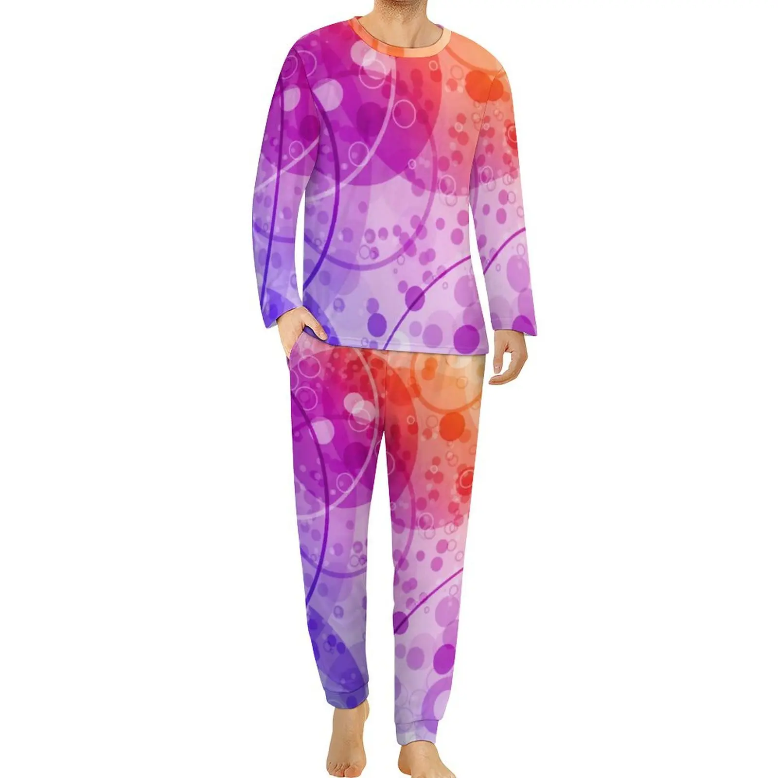 Pijamas de círculos de colores para hombre, conjunto de ropa de dormir de manga larga con diseño de burbujas de lluvia en arcoíris, a la moda, para invierno