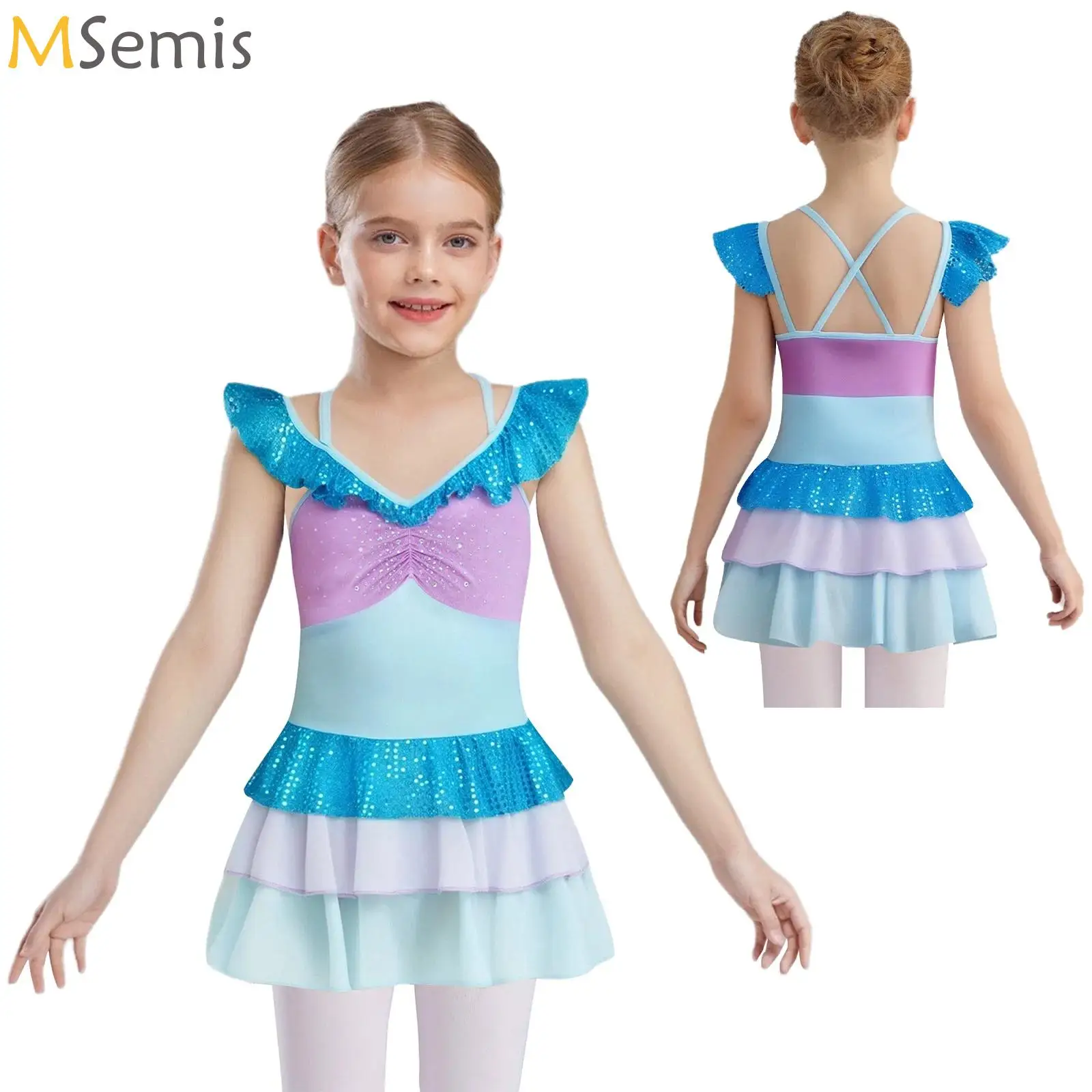 

Kids Girls Figure Ice Skating Ballet Dress Shiny Rhinestones Tutu Skirted Leotard Rhythmic Gymnastics Lyrical Dance Costume
