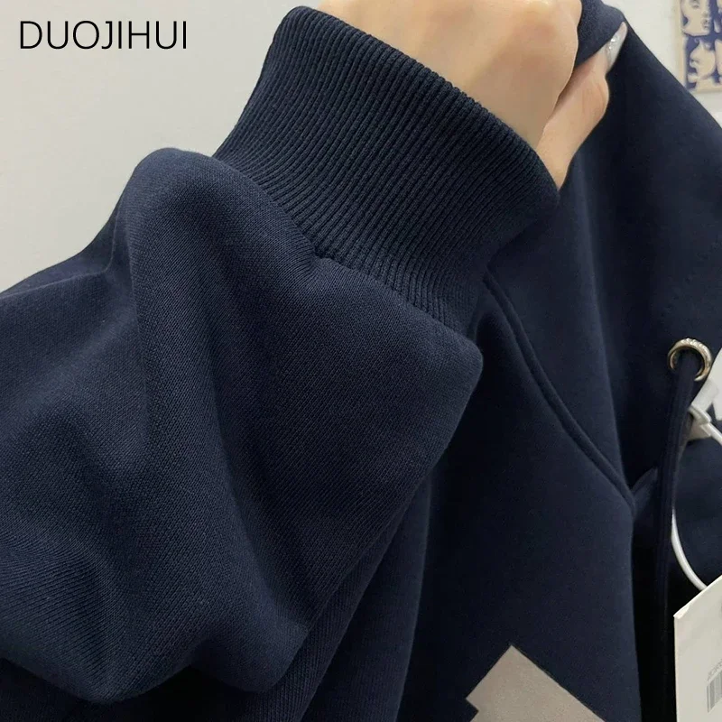 DUOJIHUI American Vintage Navy Blue Loose Women Hoodies Spring Letter Printed Fashion Drawstring Hooded Simple Female Hoodies