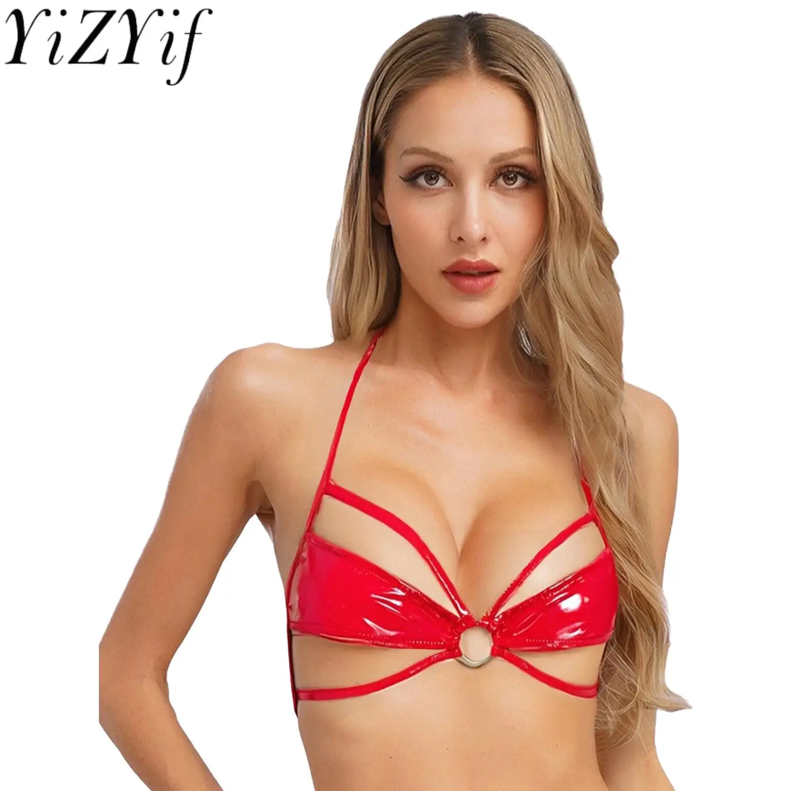 

Женский сексуальный бюстгальтер с лямкой на шее из лакированной кожи, ажурный бюстгальтер на шнуровке с мини-чашкой и уплотнительным кольцом, нижнее белье, нижнее белье для свиданий, ночное белье