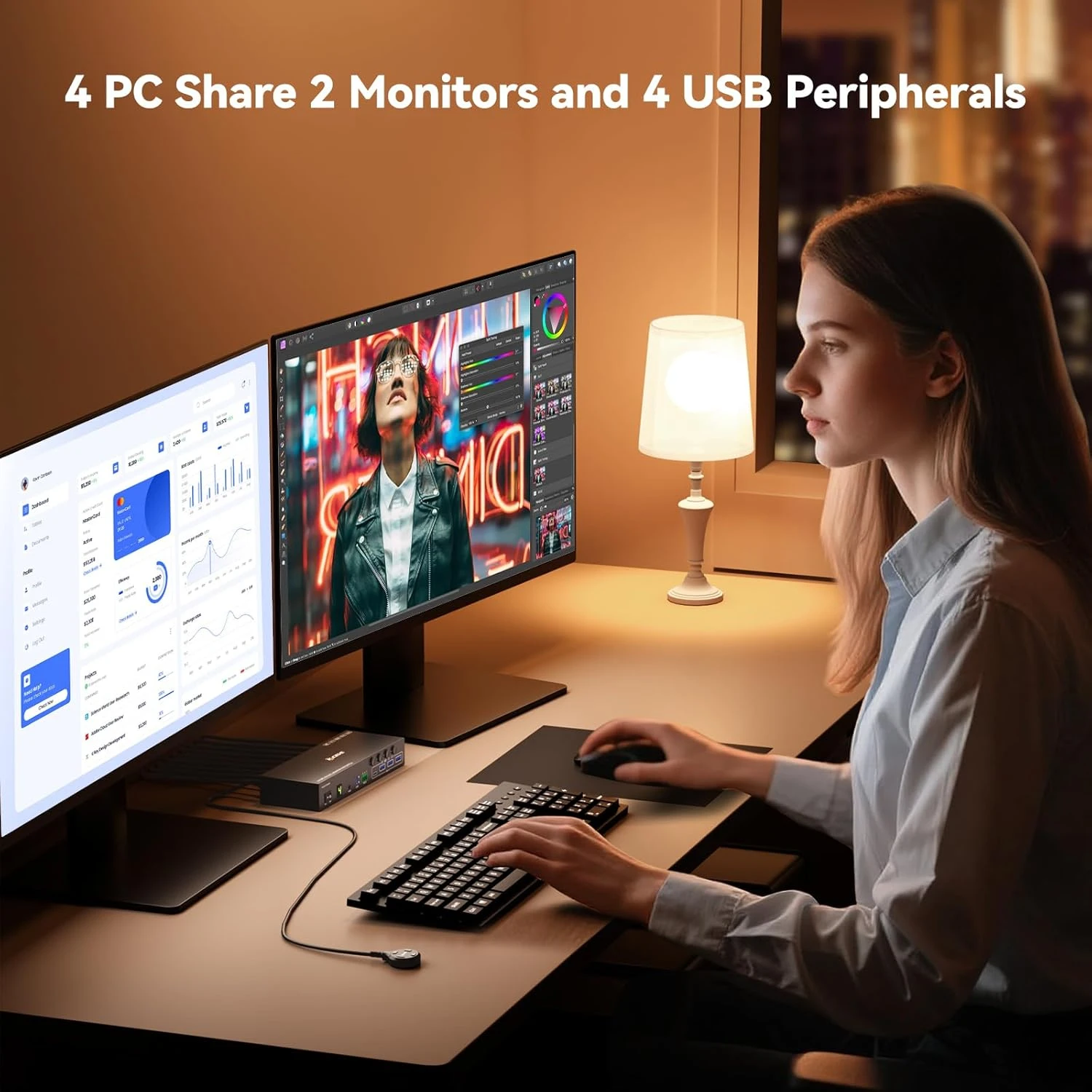 4K@60Hz HDMI KVM Switch 2 Monitors 4 Computers,4 Port  EDID Simulation Dual Monitor KVM Switch with 4 USB 3.0 Ports