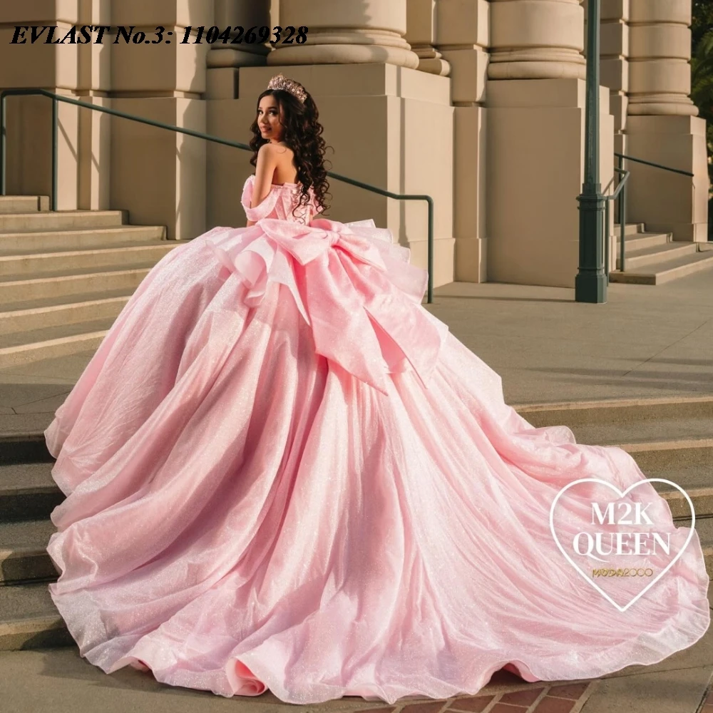 

EVLAST Customized Pink Quinceanera Dress Ball Gown Shiny Applique Beading Bow Mexico Corset Sweet 16 Vestidos De 15 Anos E3Q11