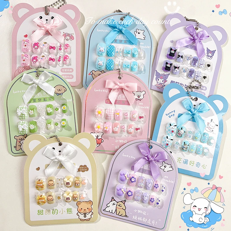 12Pcs Children Kawaii Miniso Kuromi/Pochacco False Nail Xmas10*12mm My Melody/Flowers Design Press On Nails Cartoon Fake Nails #