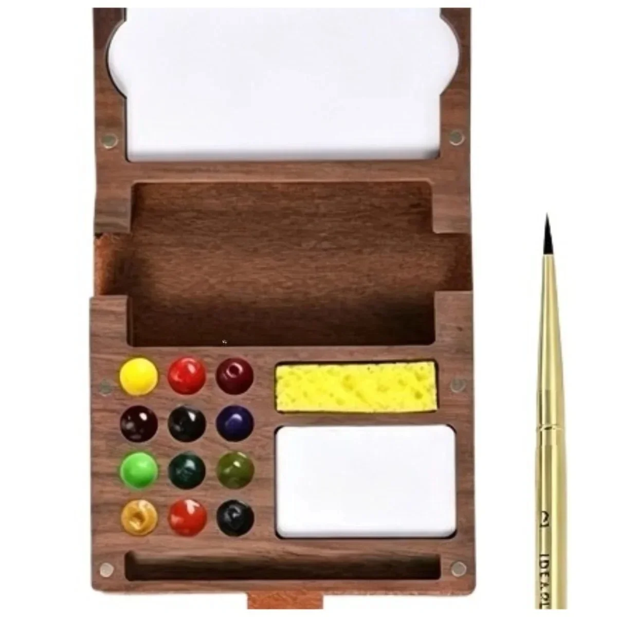 12-grid Walnut Wood Watercolor Palette Portable Box Brush/paper Travel Set Artist Student Sketching Outdoor Painting Supplies view 6