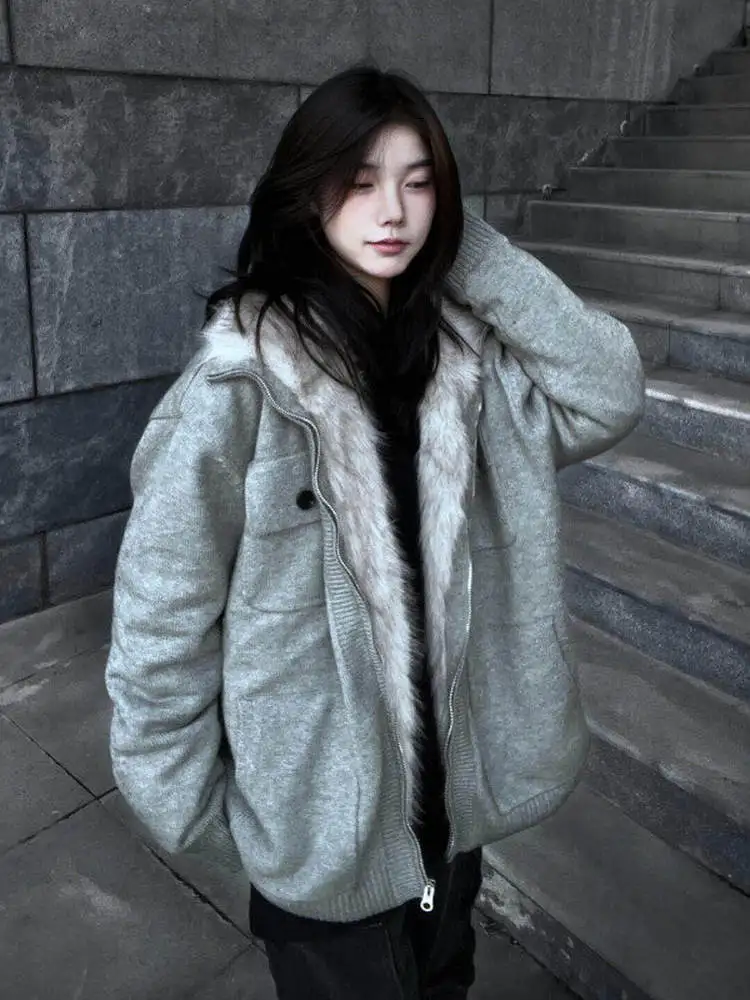 

Вязаный свитер с воротником из искусственного меха в стиле ретро для мужчин и женщин, теплый повседневный трикотаж на подкладке, бренд Cleanfit