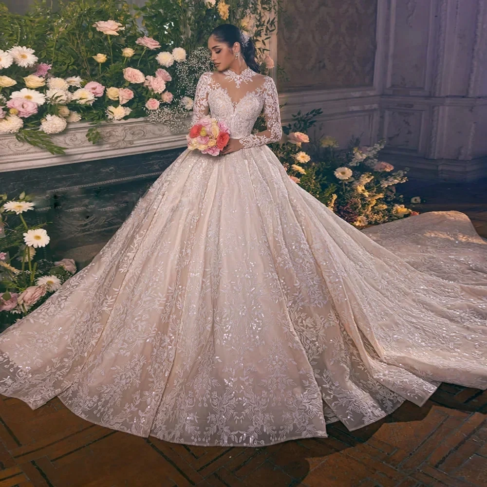 

Princess Church Wedding Dress 2026 High Neck Lace Appliques Tulle Long Sleeves Bridal Bride Gown Vestido de Noiva Robe Mariage