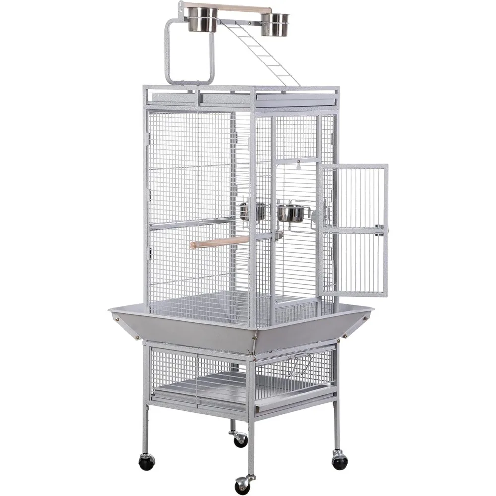 Large Parrot Cockatiel Bird Cages with Wrought Iron Play Top, Aviary with Rolling Stand for Sun Parakeet Quaker