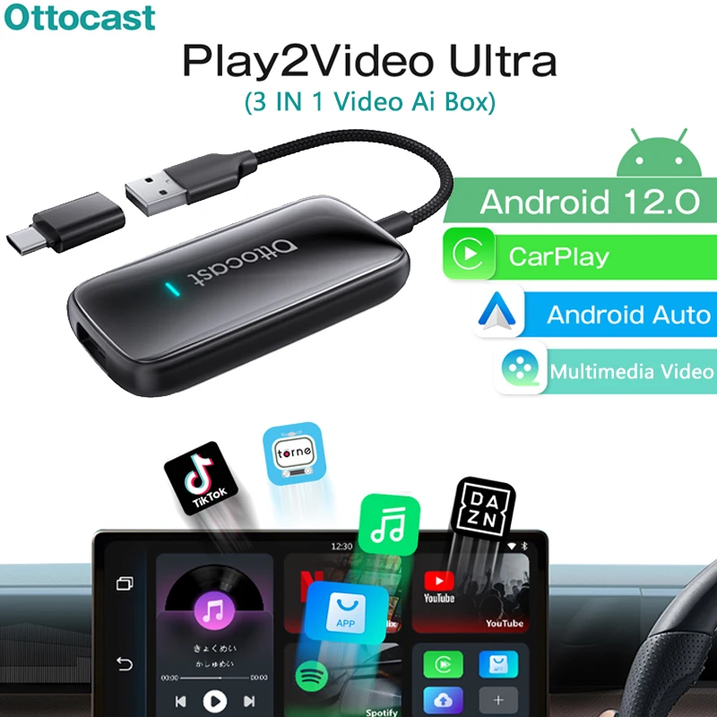OTTOCAST Play2Video Ultra Ai Box Wireless Carplay Android Auto Built in Youtube Netflix IPTV Video Box For VW Benz 99% of Cars