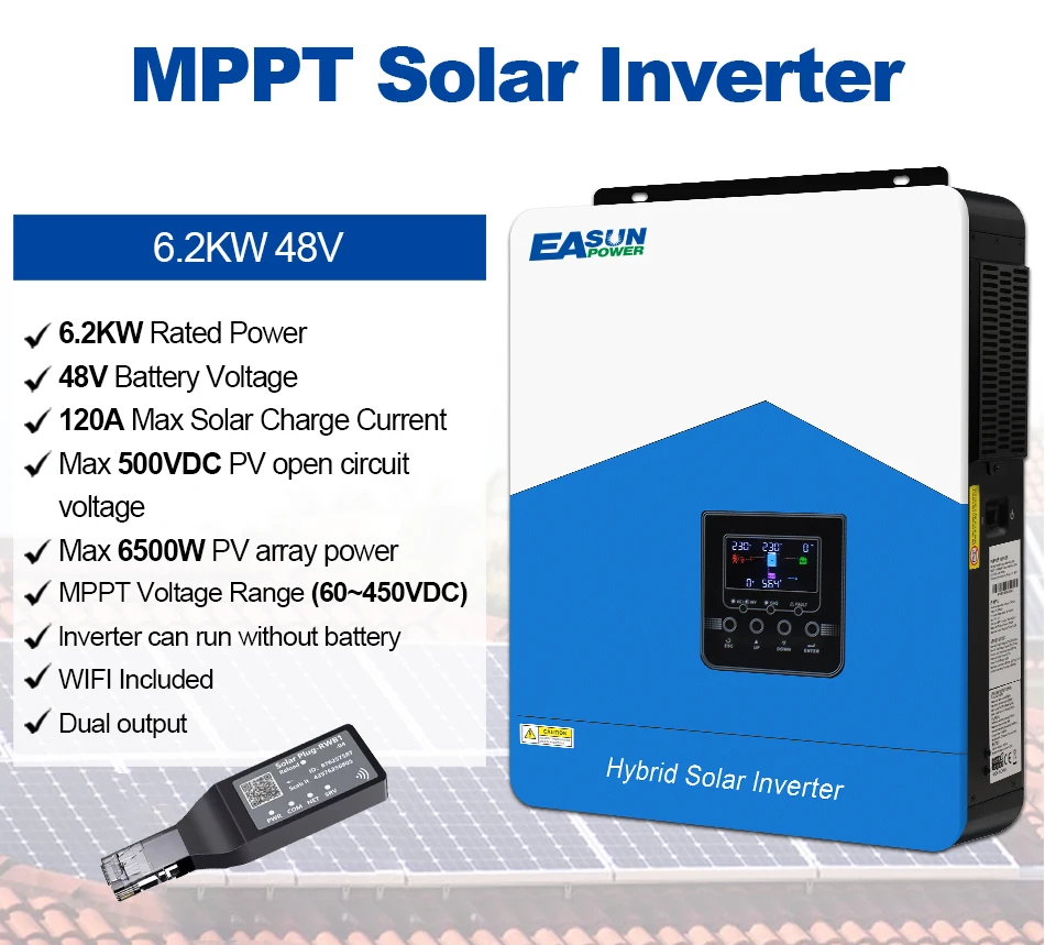 Easun 6,2 kW 4,2 kW 3,2 kW 2,2 kW Hybrid-Solarwechselrichter 12 V 24 V 48 V MPPT Off Grid 50/60 Hz reine Sinuswelle 120 A 80 A 230 V Solarladung – Detail 1