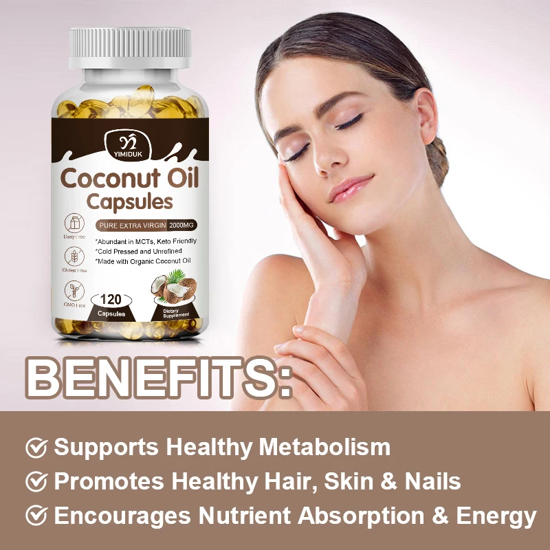 Coconut Oil Capsules 2000mg -Organic Cold Pressed MCT Rich, Healthy Skin Nails Hair Growth Support Bloating Anti Aging Digestion