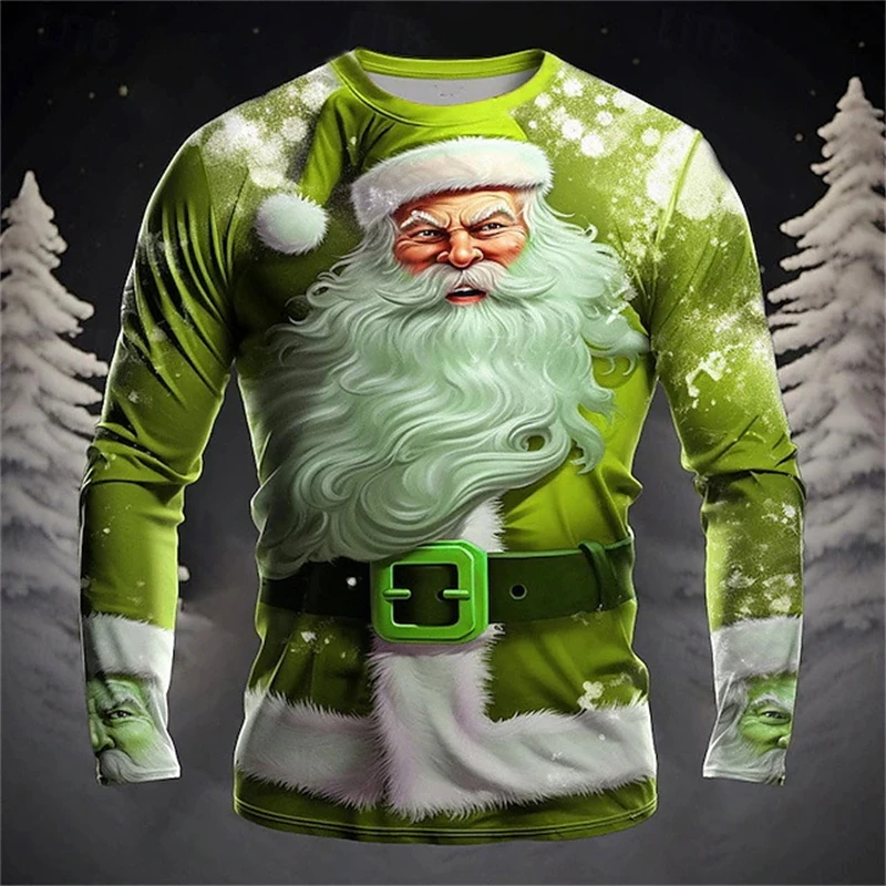 2024 New Rock Santa Graphic Long T Shirt Men Fashion Casual  3D Printed Long Sleeve New Year Round Neck Shirt Fall Men Clothing