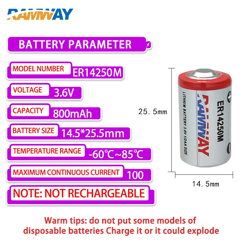 RAMWAY ER14250M 1/2A Add DF13-2P Plug Disposable Lithium Battery Pancreatic Pump Servo Probe Temperature Control Smoke Detector