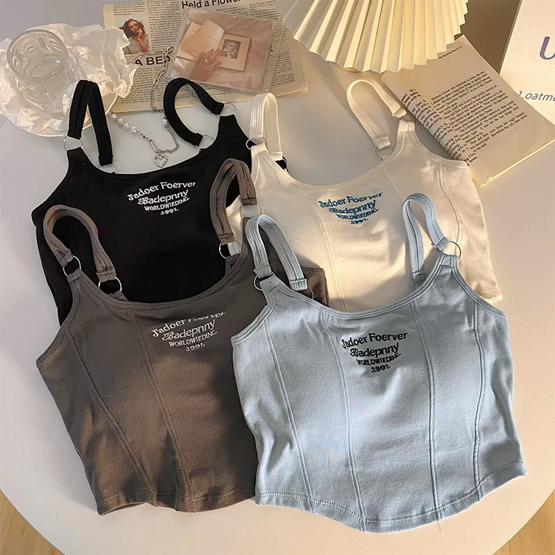 새로운 여성 의류 조끼 탑 탱크 매운 소녀의 아름다운 백 서스펜더 여름 겉옷 틈새 짧은 탑 속옷 탱크 탑 조끼