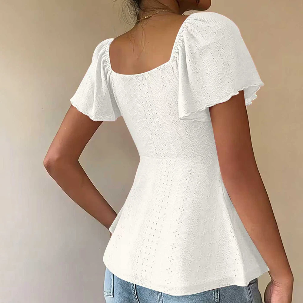 

Comfort Fit V neck Drawstring T shirt for Women Short Sleeve Solid Color Blouse for Daily Vacation Holiday and Clubwear