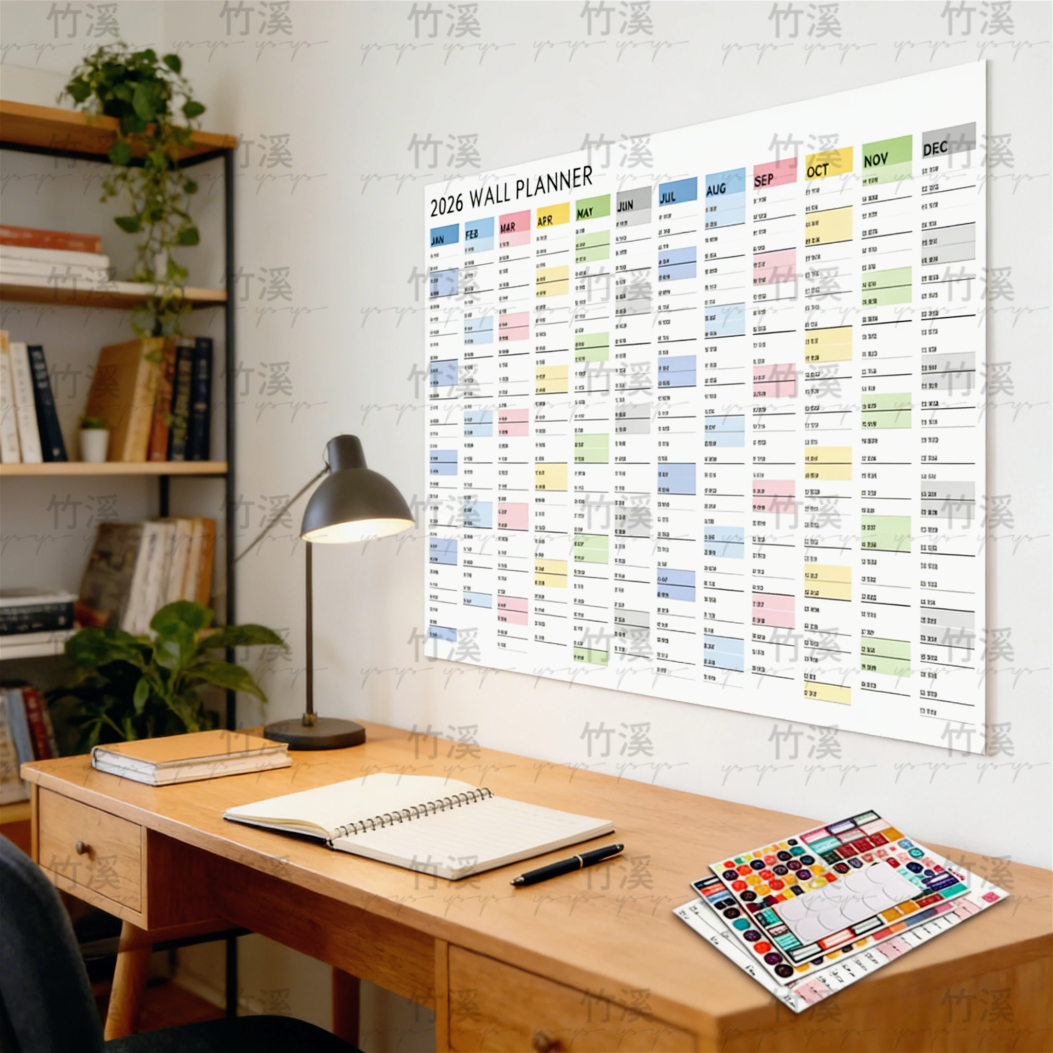 تقويم حائط ملون لعام 2026 مع 365 ملصقًا |   مخطط السنة، مذكرة ومنظم الجدول الزمني