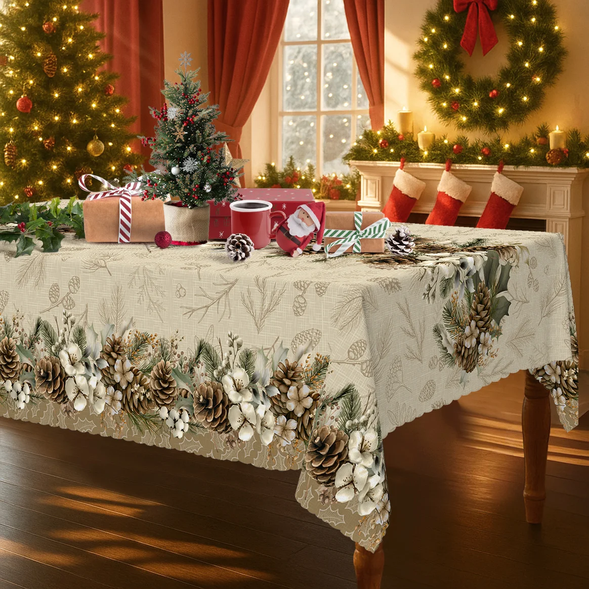 1 piece, forest pine branches and pine cones tablecloth, natural pine needles and pine cones design - winter Nordic style