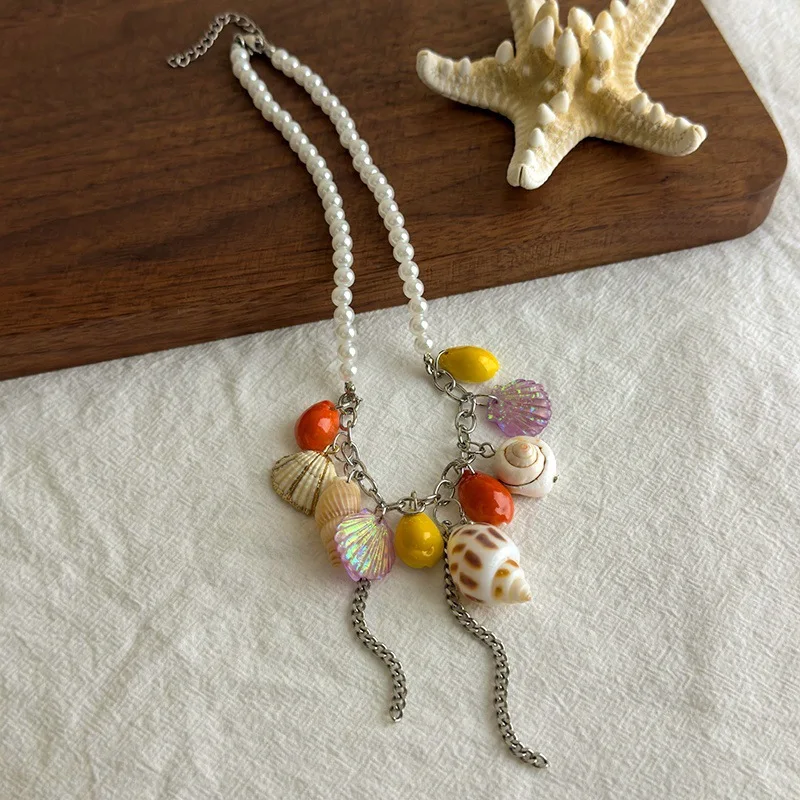 Necklace Pearl Shell Starfish Charms Summer Beach Resort Choker Unique Individual Design Premium Sturdy Jewelry for Women Gift