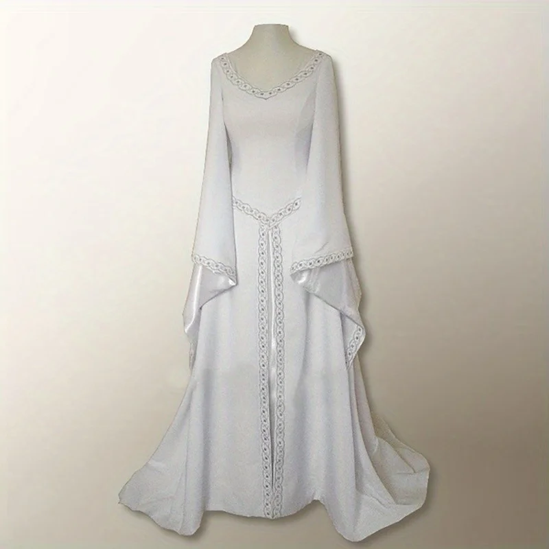 Vintage Halloween Party Long Sleeved Embroidered Round Neck Slim Fit Women's Dress