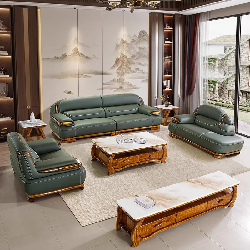 Ebony leather sofa new Chinese villa size apartment living room European solid wood lobby reception office furniture